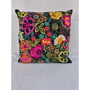 Nur Embroidered Floral Pillow Boho Black Multicolor India Throw‎ Cushion 16"